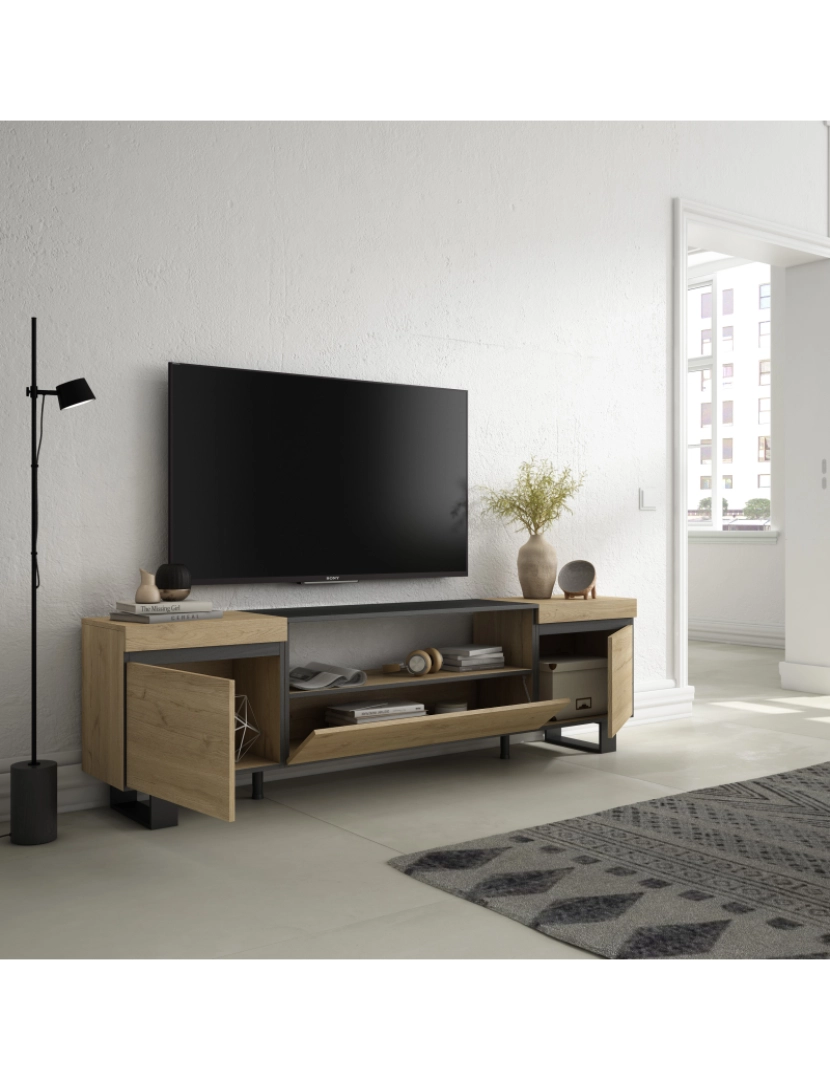 imagem de SKRAUT HOME - Móvel de TV - Muito espaço de arrumação - 200x57x35cm - Para televisores até 80" - Design industrial - Estilo moderno - Carvahlo e preto3