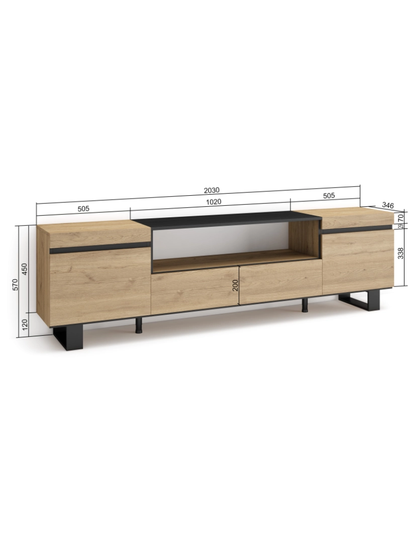 imagem de SKRAUT HOME - Móvel de TV - Muito espaço de arrumação - 200x57x35cm - Para televisores até 80" - Design industrial - Estilo moderno - Carvahlo e preto4