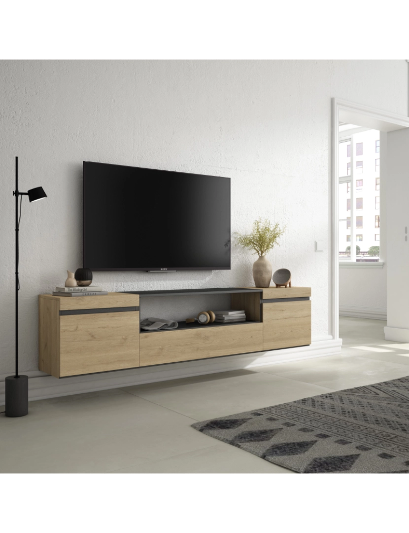 imagem de SKRAUT HOME - Móvel de TV - Muito espaço de arrumação - 200x45x35cm - Para televisores até 80" - Suspensos - Estilo moderno - Carvahlo e preto2