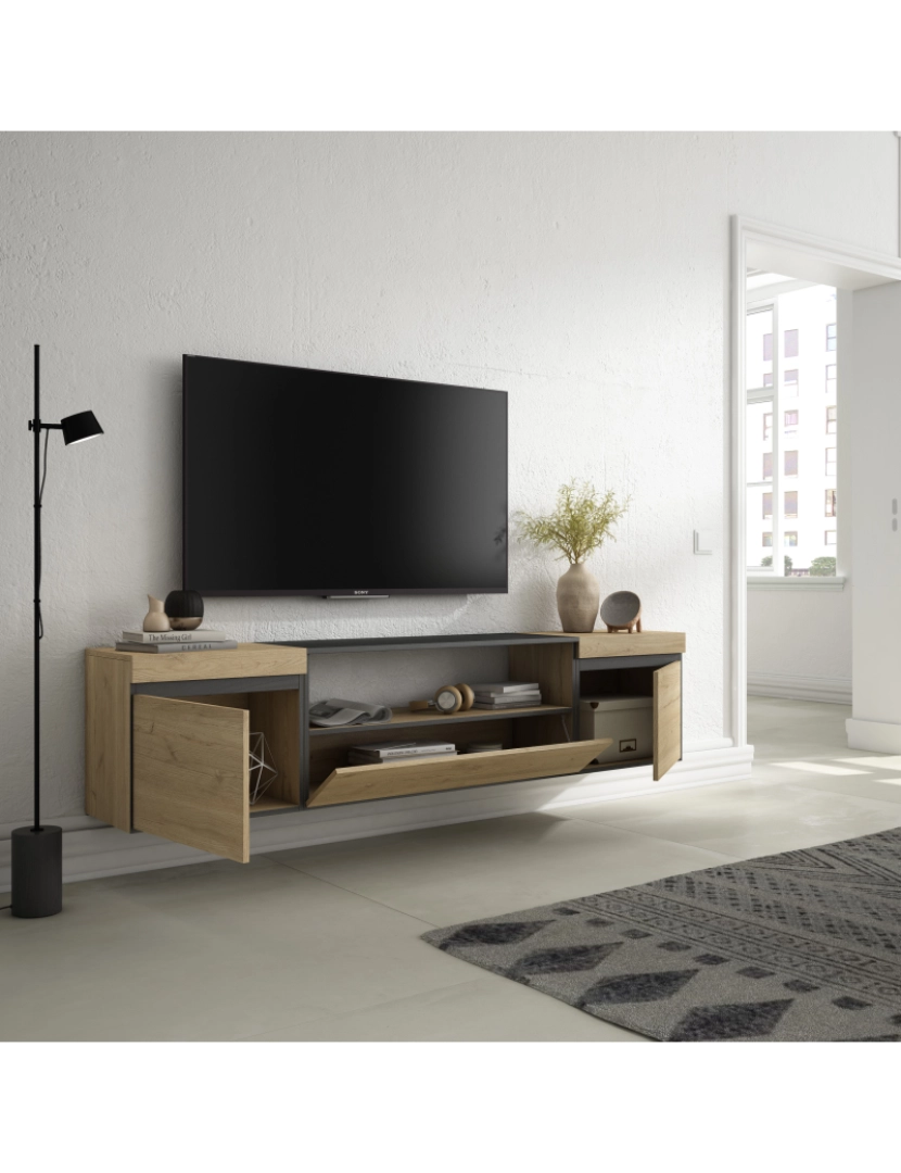 imagem de SKRAUT HOME - Móvel de TV - Muito espaço de arrumação - 200x45x35cm - Para televisores até 80" - Suspensos - Estilo moderno - Carvahlo e preto3