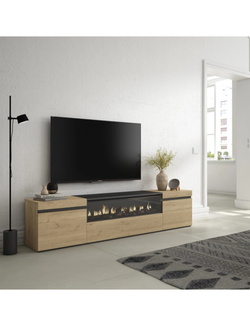 imagem de SKRAUT HOME - Móvel de TV - Muito espaço de arrumação - 200x45x35cm - Para televisores até 80" - Lareira eléctrica - Estilo moderno - Carvahlo e preto2