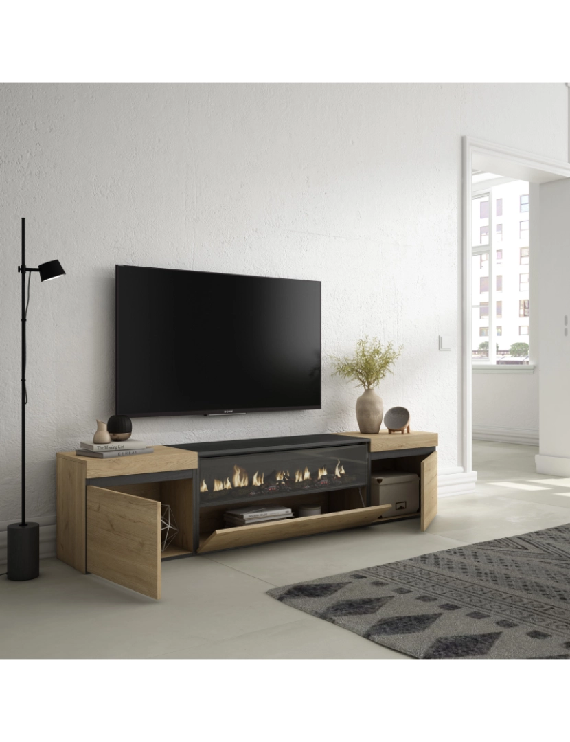 imagem de SKRAUT HOME - Móvel de TV - Muito espaço de arrumação - 200x45x35cm - Para televisores até 80" - Lareira eléctrica - Estilo moderno - Carvahlo e preto3