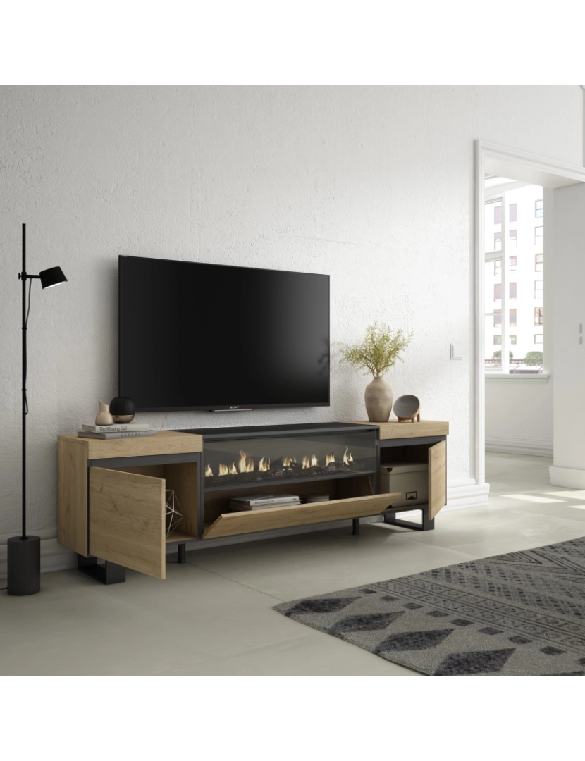 imagem de SKRAUT HOME - Móvel de TV - Muito espaço de arrumação - 200x57x35cm - Para televisores até 80" - Lareira eléctrica - Design industrial - Estilo moderno - Carvahlo e preto3