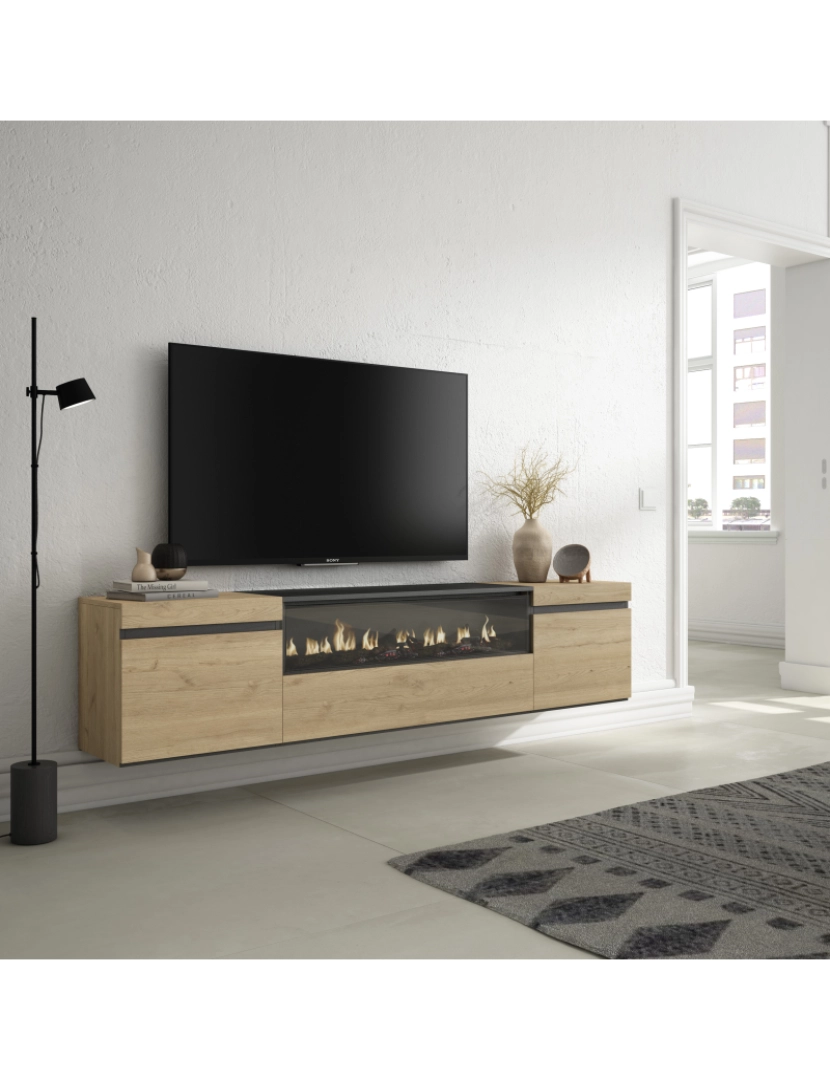 imagem de SKRAUT HOME - Móvel de TV - Muito espaço de arrumação - 200x45x35cm - Para televisores até 80" - Lareira eléctrica - Suspensos - Estilo moderno - Carvahlo e preto2