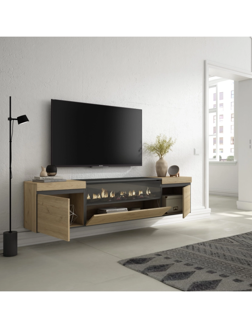 imagem de SKRAUT HOME - Móvel de TV - Muito espaço de arrumação - 200x45x35cm - Para televisores até 80" - Lareira eléctrica - Suspensos - Estilo moderno - Carvahlo e preto3