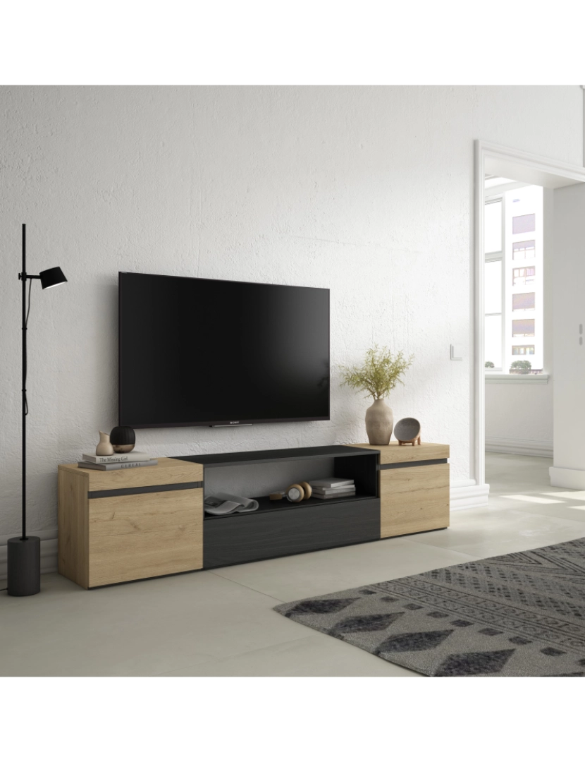 imagem de SKRAUT HOME - Móvel de TV - Muito espaço de arrumação - 200x45x35cm - Para televisores até 80" - Estante para TV - Estilo moderno - Carvahlo e preto2