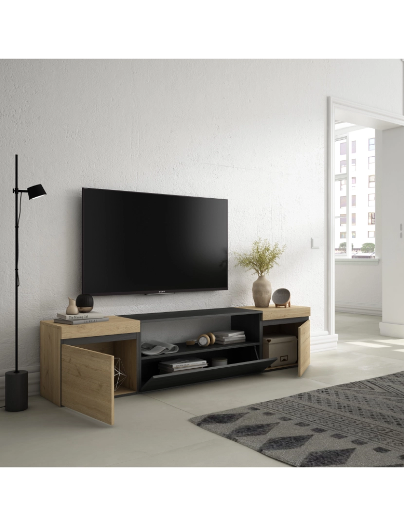 imagem de SKRAUT HOME - Móvel de TV - Muito espaço de arrumação - 200x45x35cm - Para televisores até 80" - Estante para TV - Estilo moderno - Carvahlo e preto3