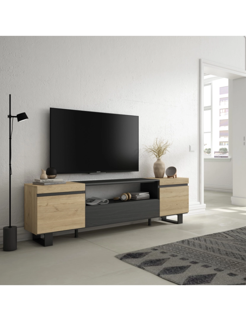 imagem de SKRAUT HOME - Móvel de TV - Muito espaço de arrumação - 200x57x35cm - Para televisores até 80" - Design industrial - Estilo moderno - Carvahlo e preto2