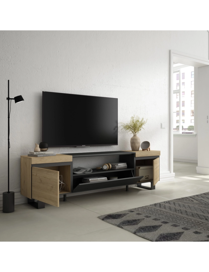 imagem de SKRAUT HOME - Móvel de TV - Muito espaço de arrumação - 200x57x35cm - Para televisores até 80" - Design industrial - Estilo moderno - Carvahlo e preto3