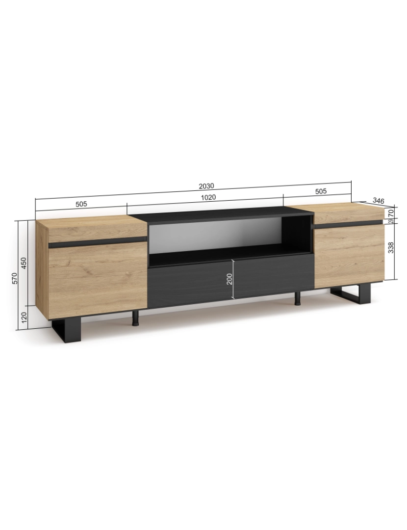 imagem de SKRAUT HOME - Móvel de TV - Muito espaço de arrumação - 200x57x35cm - Para televisores até 80" - Design industrial - Estilo moderno - Carvahlo e preto4