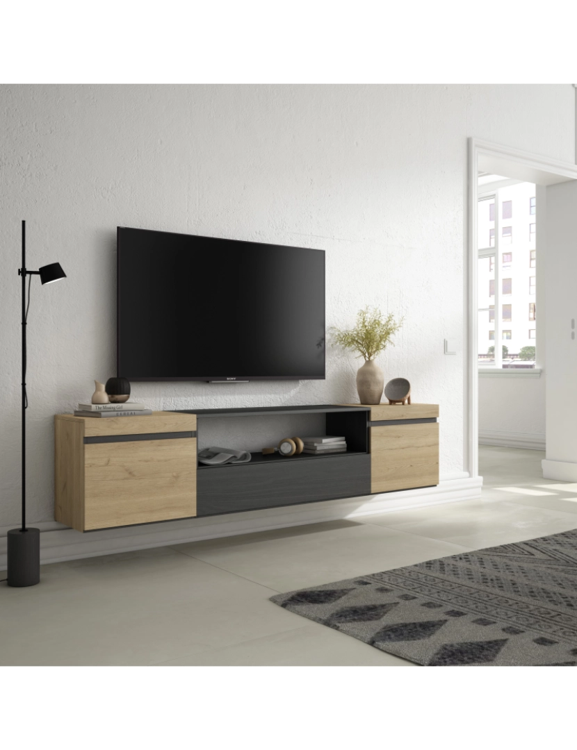 imagem de SKRAUT HOME - Móvel de TV - Muito espaço de arrumação - 200x45x35cm - Para televisores até 80" - Suspensos - Estilo moderno - Carvahlo e preto2