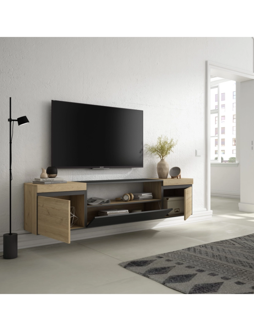 imagem de SKRAUT HOME - Móvel de TV - Muito espaço de arrumação - 200x45x35cm - Para televisores até 80" - Suspensos - Estilo moderno - Carvahlo e preto3