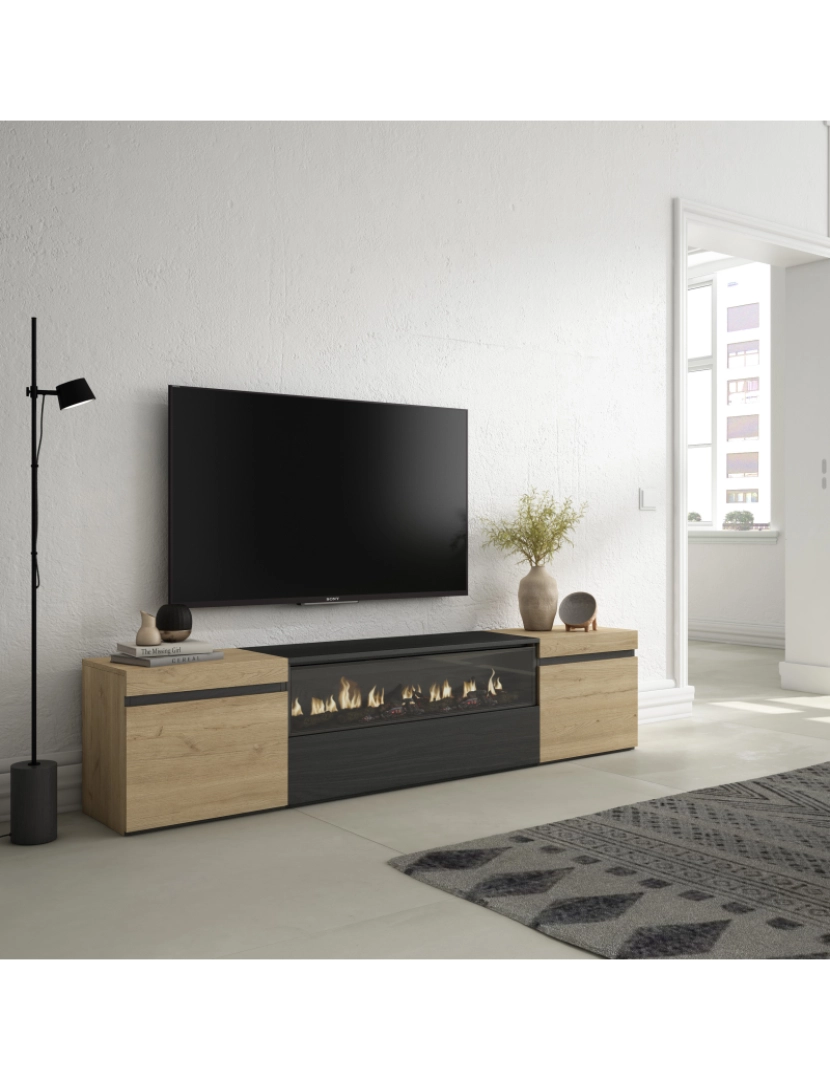 imagem de SKRAUT HOME - Móvel de TV - Muito espaço de arrumação - 200x45x35cm - Para televisores até 80" - Lareira eléctrica - Estilo moderno - Carvahlo e preto2