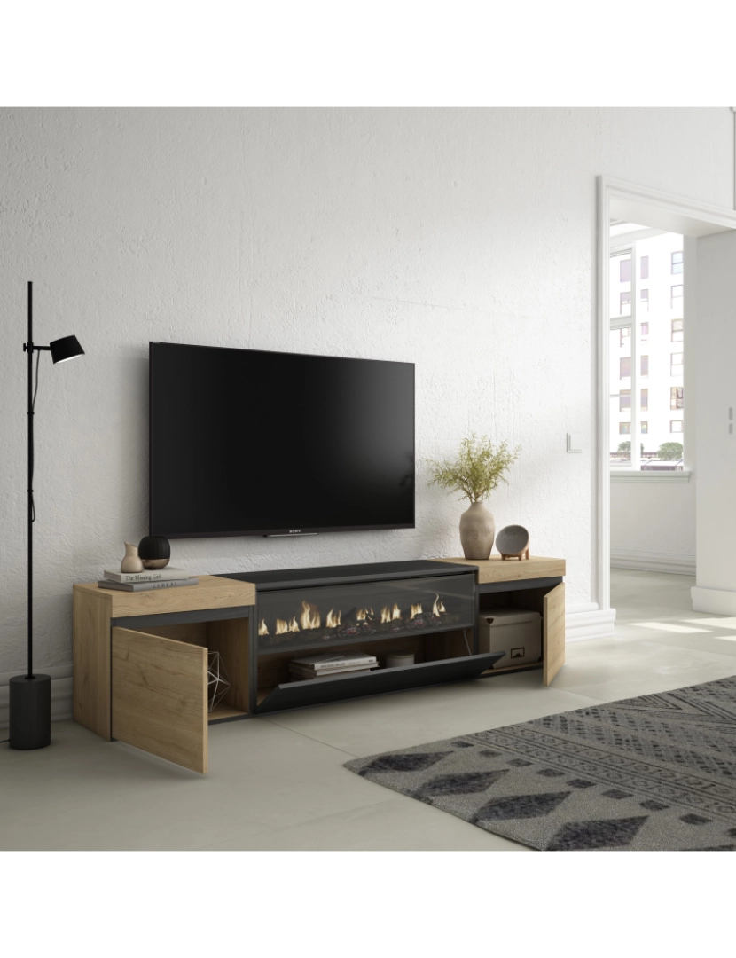 imagem de SKRAUT HOME - Móvel de TV - Muito espaço de arrumação - 200x45x35cm - Para televisores até 80" - Lareira eléctrica - Estilo moderno - Carvahlo e preto3