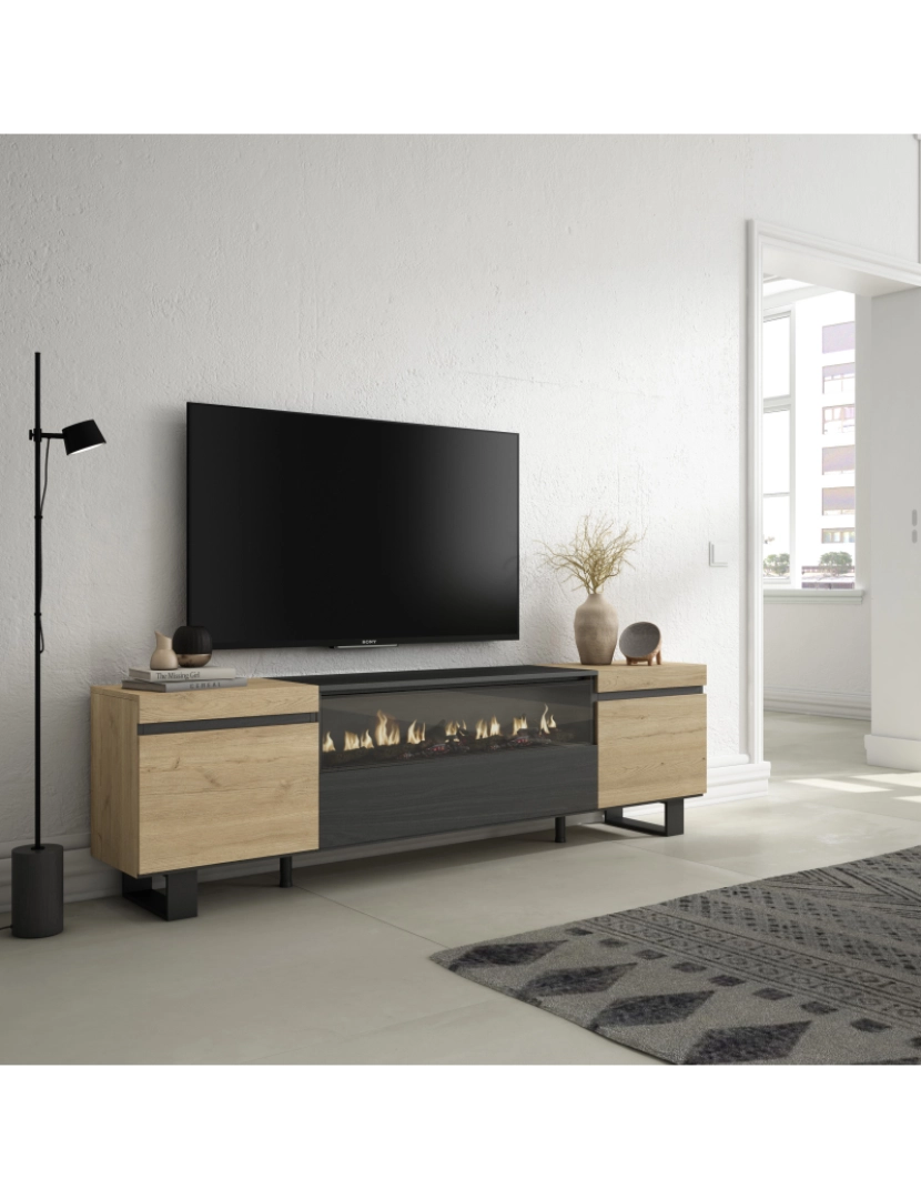 imagem de SKRAUT HOME - Móvel de TV - Muito espaço de arrumação - 200x57x35cm - Para televisores até 80" - Lareira eléctrica - Design industrial - Estilo moderno - Carvahlo e preto2