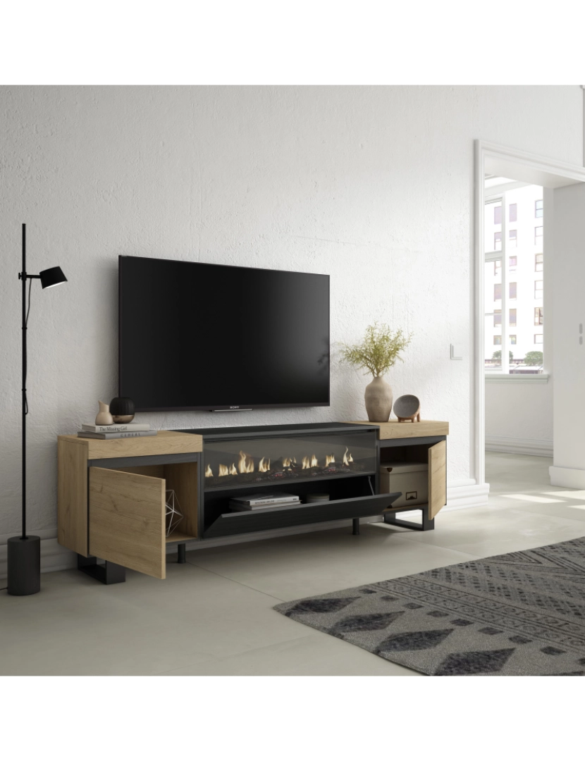 imagem de SKRAUT HOME - Móvel de TV - Muito espaço de arrumação - 200x57x35cm - Para televisores até 80" - Lareira eléctrica - Design industrial - Estilo moderno - Carvahlo e preto3