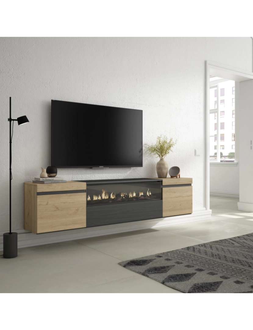 imagem de SKRAUT HOME - Móvel de TV - Muito espaço de arrumação - 200x45x35cm - Para televisores até 80" - Lareira eléctrica - Suspensos - Estilo moderno - Carvahlo e preto2