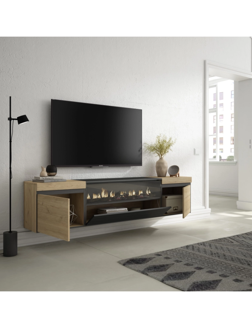 imagem de SKRAUT HOME - Móvel de TV - Muito espaço de arrumação - 200x45x35cm - Para televisores até 80" - Lareira eléctrica - Suspensos - Estilo moderno - Carvahlo e preto3