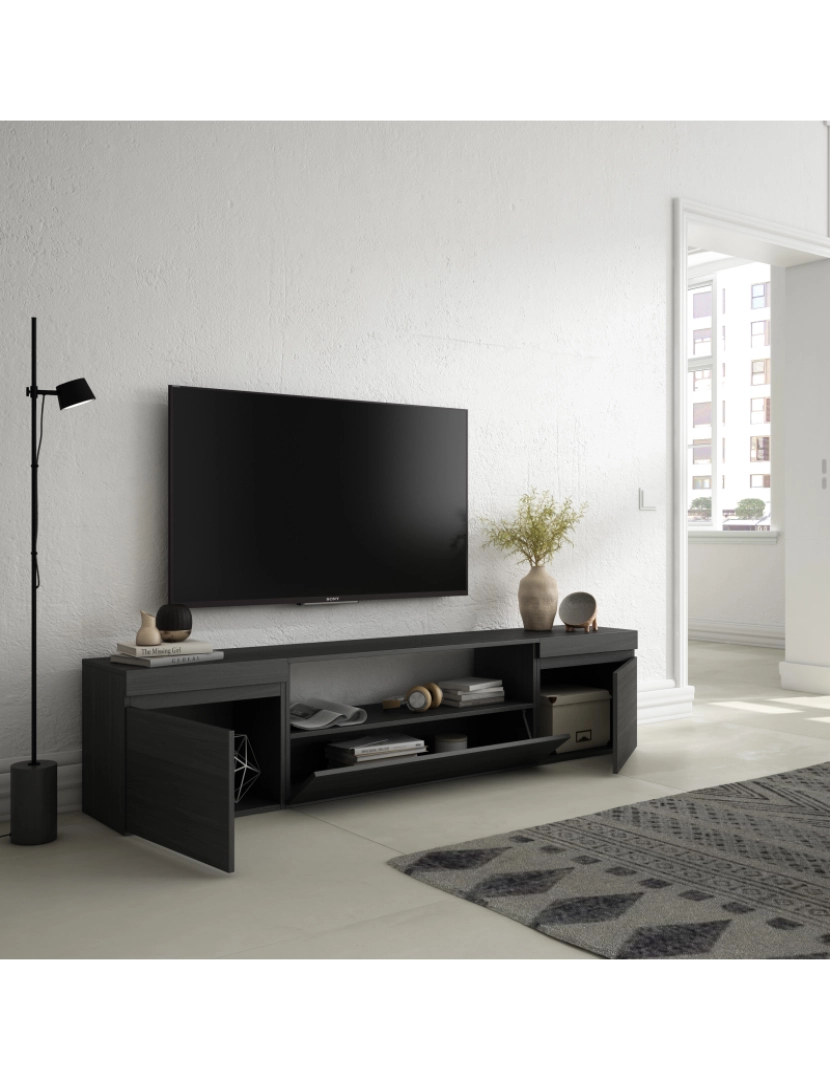 imagem de SKRAUT HOME - Móvel de TV - Muito espaço de arrumação - 200x45x35cm - Para televisores até 80" - Estante para TV - Estilo moderno - Preto3