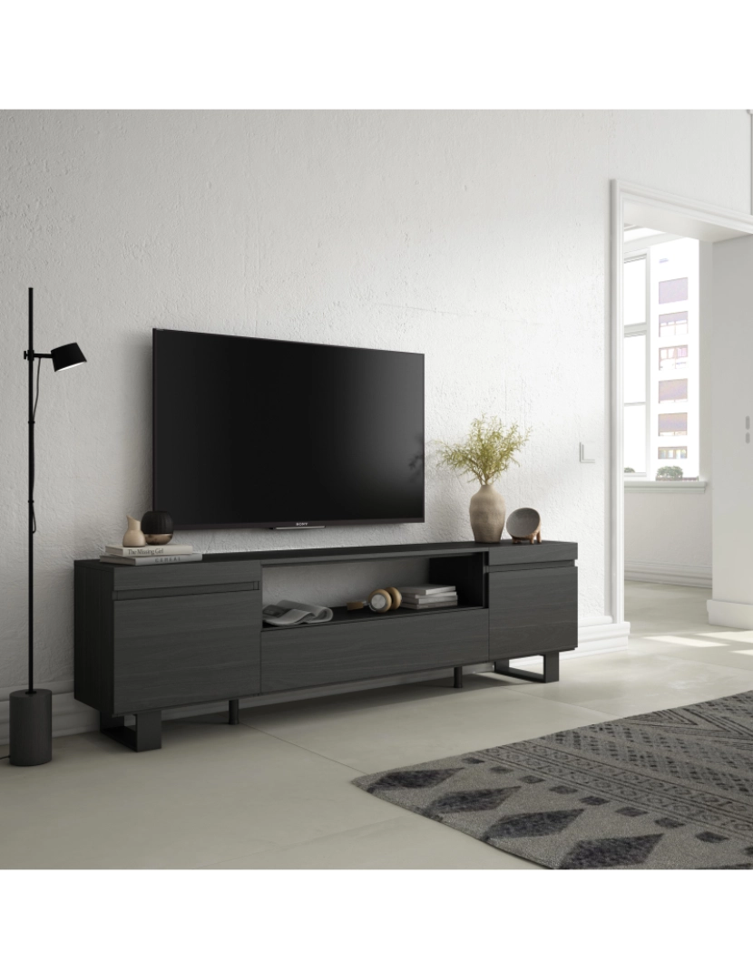 imagem de SKRAUT HOME - Móvel de TV - Muito espaço de arrumação - 200x57x35cm - Para televisores até 80" - Design industrial - Estilo moderno - Preto2