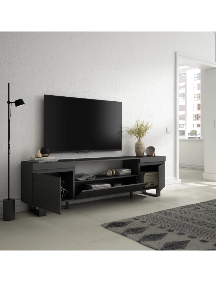 imagem de SKRAUT HOME - Móvel de TV - Muito espaço de arrumação - 200x57x35cm - Para televisores até 80" - Design industrial - Estilo moderno - Preto3