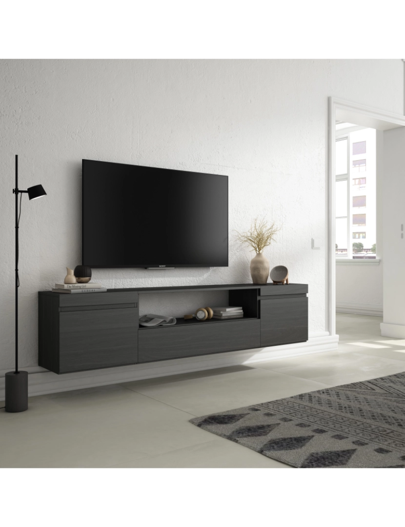 imagem de SKRAUT HOME - Móvel de TV - Muito espaço de arrumação - 200x45x35cm - Para televisores até 80" - Suspensos - Estilo moderno - Preto2