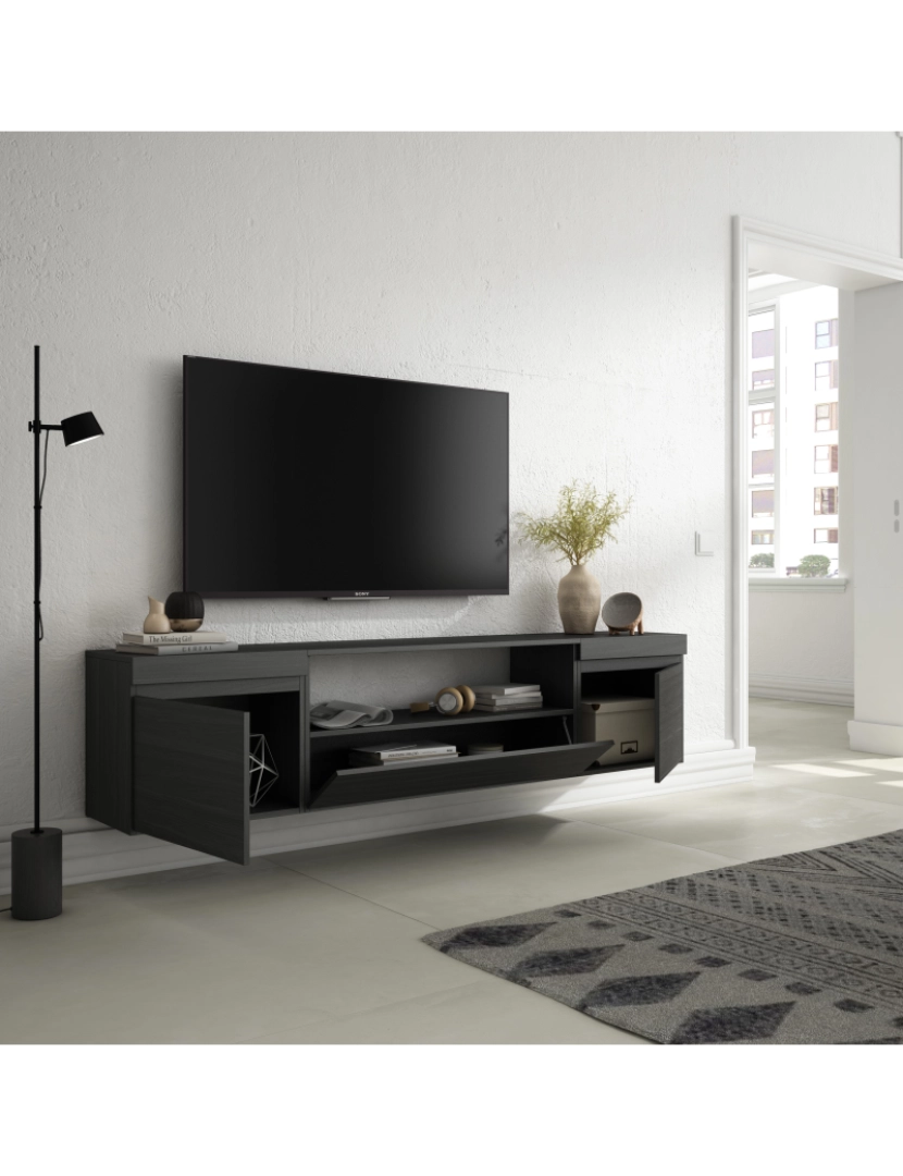 imagem de SKRAUT HOME - Móvel de TV - Muito espaço de arrumação - 200x45x35cm - Para televisores até 80" - Suspensos - Estilo moderno - Preto3