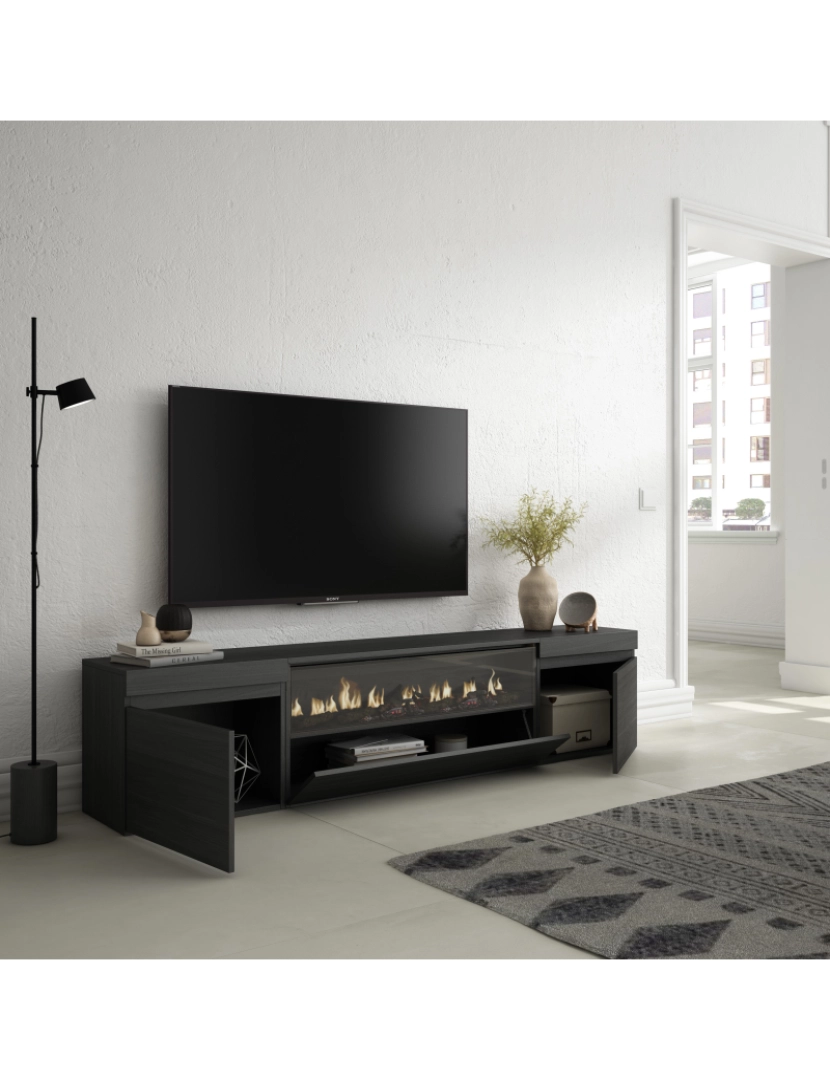 imagem de SKRAUT HOME - Móvel de TV - Muito espaço de arrumação - 200x45x35cm - Para televisores até 80" - Lareira eléctrica - Estilo moderno - Preto3