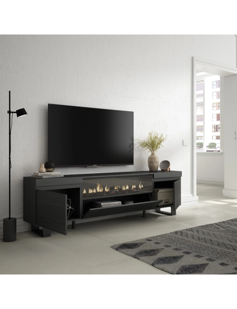 imagem de SKRAUT HOME - Móvel de TV - Muito espaço de arrumação - 200x57x35cm - Para televisores até 80" - Lareira eléctrica - Design industrial - Estilo moderno - Preto3