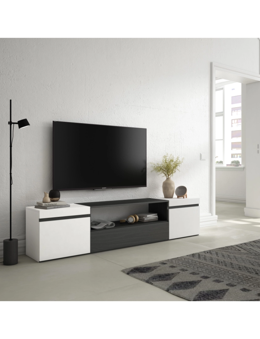 imagem de SKRAUT HOME - Móvel de TV - Muito espaço de arrumação - 200x45x35cm - Para televisores até 80" - Estante para TV - Estilo moderno - Branco e preto2