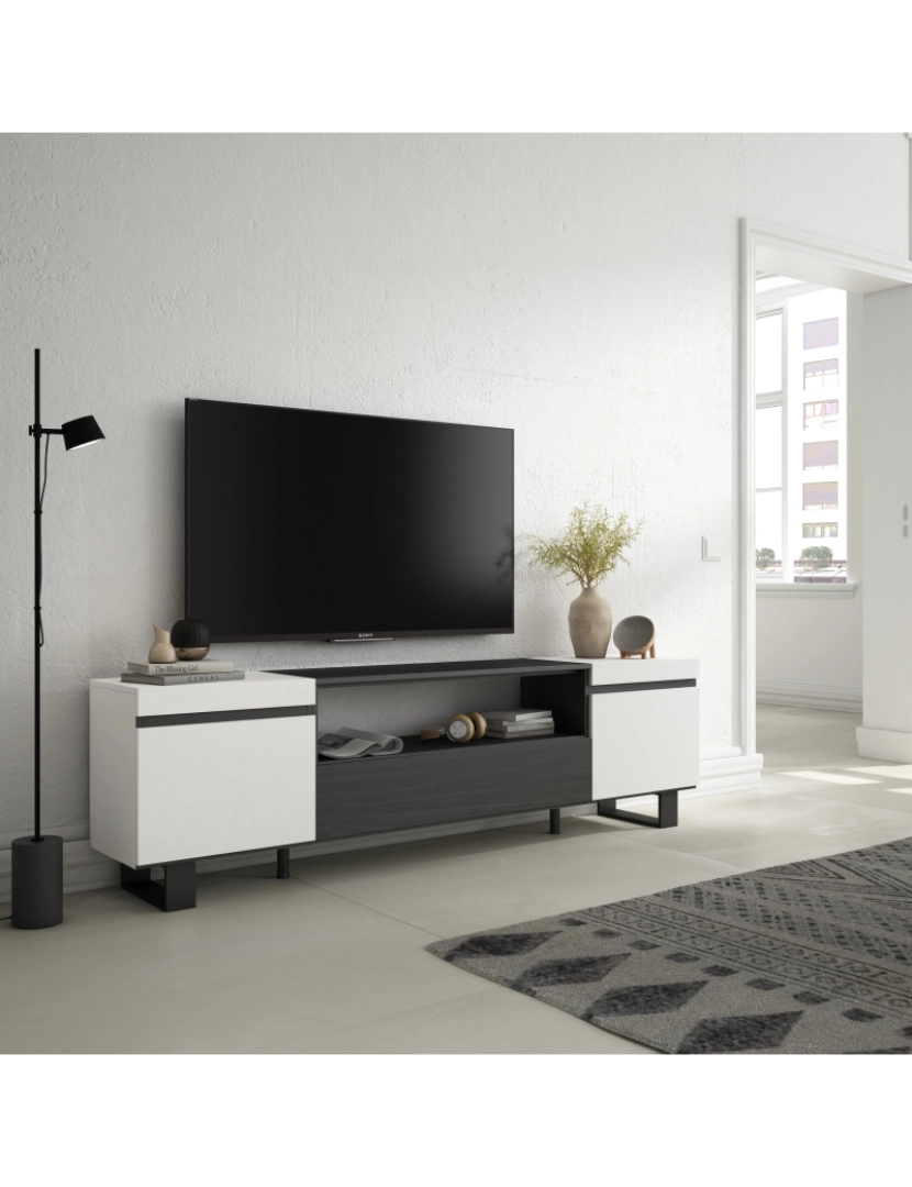 imagem de SKRAUT HOME - Móvel de TV - Muito espaço de arrumação - 200x57x35cm - Para televisores até 80" - Design industrial - Estilo moderno - Branco e preto2