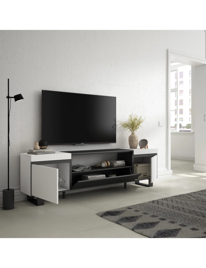 imagem de SKRAUT HOME - Móvel de TV - Muito espaço de arrumação - 200x57x35cm - Para televisores até 80" - Design industrial - Estilo moderno - Branco e preto3