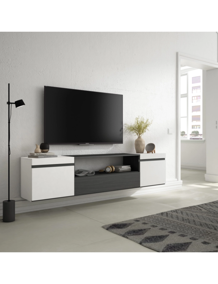 imagem de SKRAUT HOME - Móvel de TV - Muito espaço de arrumação - 200x45x35cm - Para televisores até 80" - Suspensos - Estilo moderno - Branco e preto2