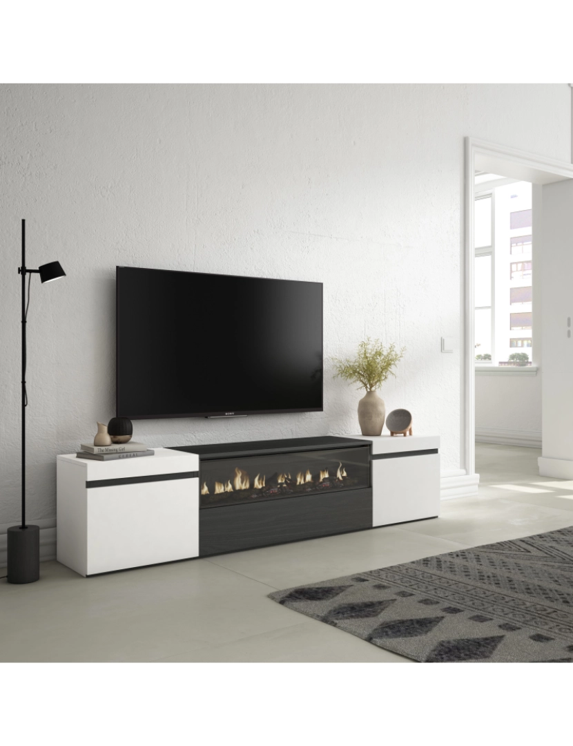 imagem de SKRAUT HOME - Móvel de TV - Muito espaço de arrumação - 200x45x35cm - Para televisores até 80" - Lareira eléctrica - Estilo moderno - Branco e preto2