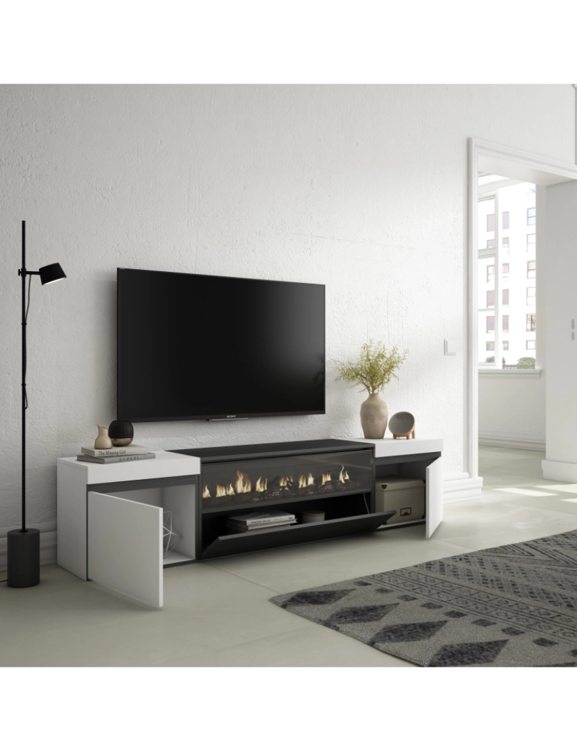 imagem de SKRAUT HOME - Móvel de TV - Muito espaço de arrumação - 200x45x35cm - Para televisores até 80" - Lareira eléctrica - Estilo moderno - Branco e preto3