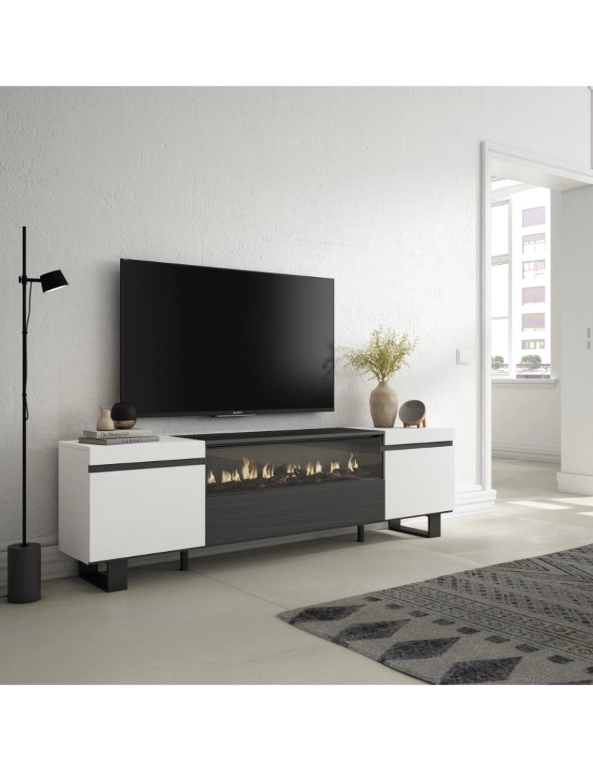 imagem de SKRAUT HOME - Móvel de TV - Muito espaço de arrumação - 200x57x35cm - Para televisores até 80" - Lareira eléctrica - Design industrial - Estilo moderno - Branco e preto2