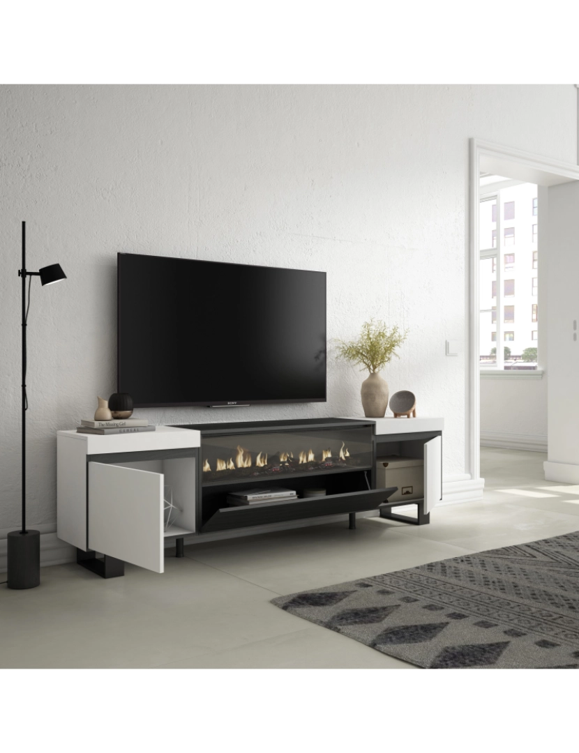 imagem de SKRAUT HOME - Móvel de TV - Muito espaço de arrumação - 200x57x35cm - Para televisores até 80" - Lareira eléctrica - Design industrial - Estilo moderno - Branco e preto3