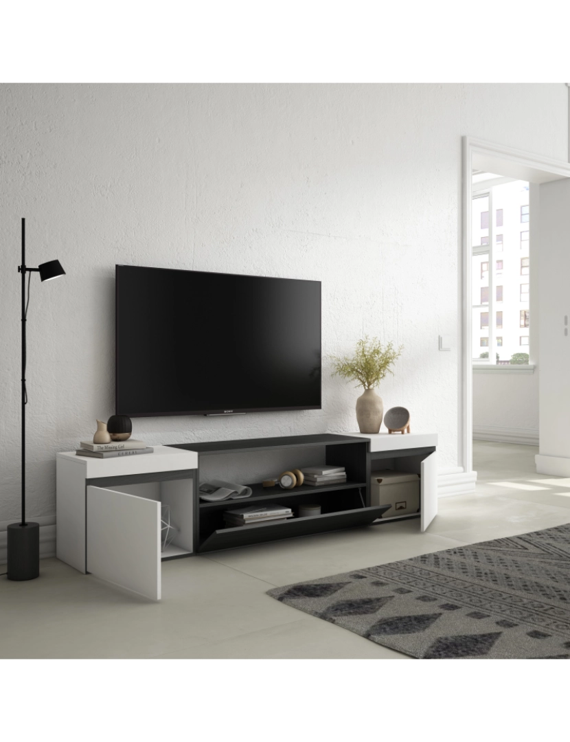 imagem de SKRAUT HOME - Móvel de TV - Muito espaço de arrumação - 200x45x35cm - Para televisores até 80" - Estante para TV - Estilo moderno - Branco e preto3