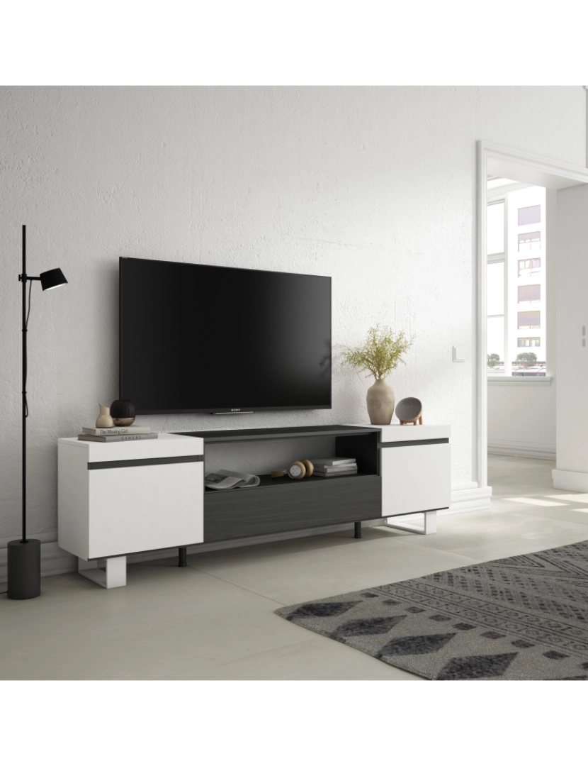 imagem de SKRAUT HOME - Móvel de TV - Muito espaço de arrumação - 200x57x35cm - Para televisores até 80" - Design industrial - Estilo moderno - Branco e preto2