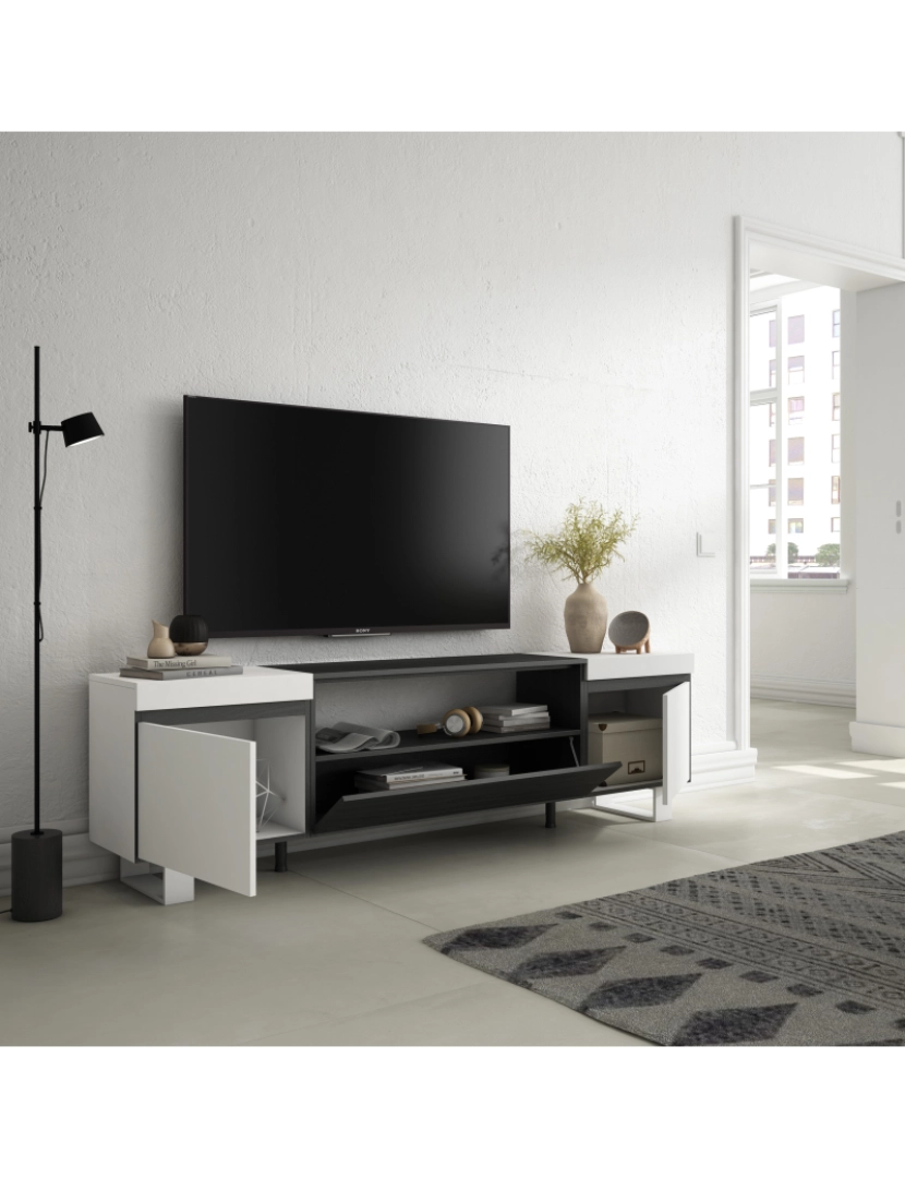 imagem de SKRAUT HOME - Móvel de TV - Muito espaço de arrumação - 200x57x35cm - Para televisores até 80" - Design industrial - Estilo moderno - Branco e preto3