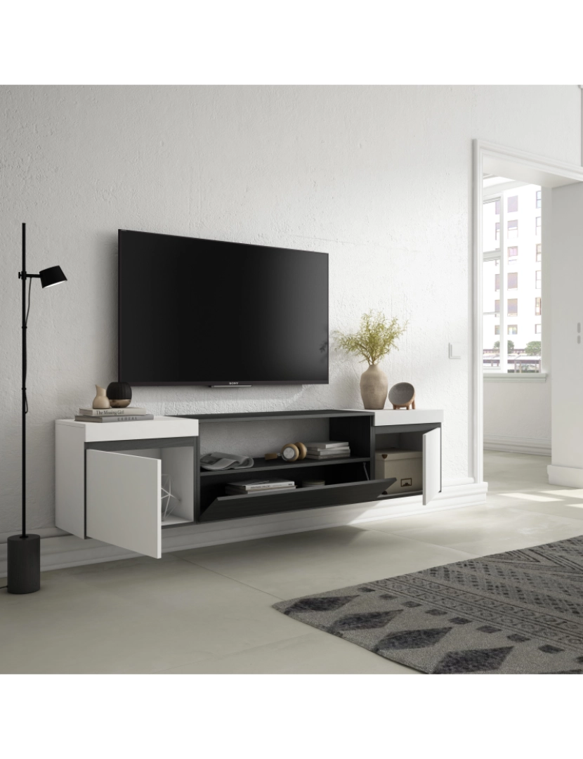 imagem de SKRAUT HOME - Móvel de TV - Muito espaço de arrumação - 200x45x35cm - Para televisores até 80" - Suspensos - Estilo moderno - Branco e preto3