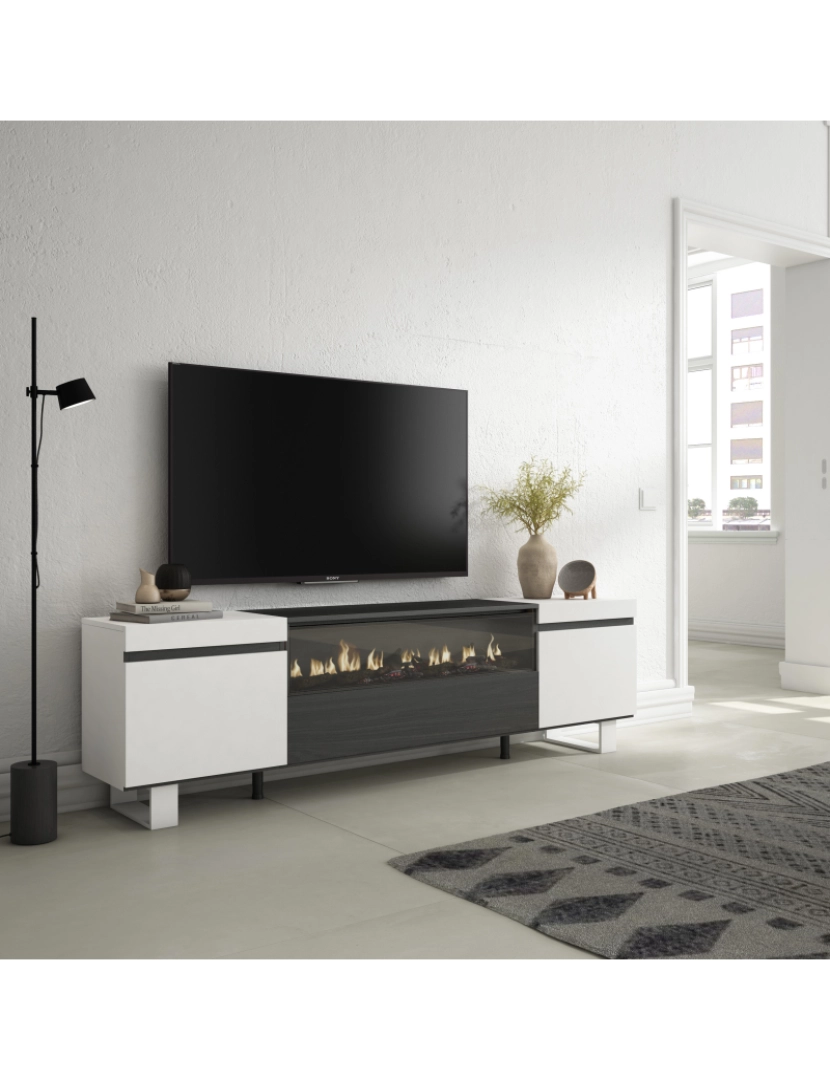 imagem de SKRAUT HOME - Móvel de TV - Muito espaço de arrumação - 200x57x35cm - Para televisores até 80" - Lareira eléctrica - Design industrial - Estilo moderno - Branco e preto2