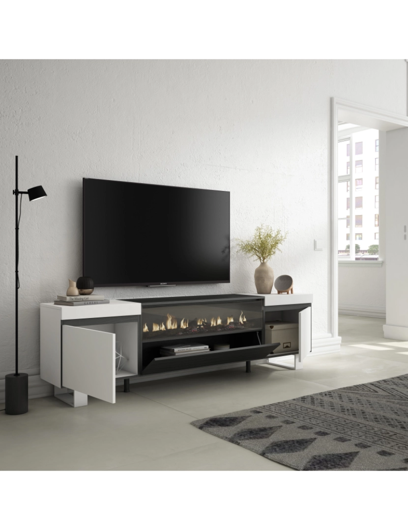 imagem de SKRAUT HOME - Móvel de TV - Muito espaço de arrumação - 200x57x35cm - Para televisores até 80" - Lareira eléctrica - Design industrial - Estilo moderno - Branco e preto3