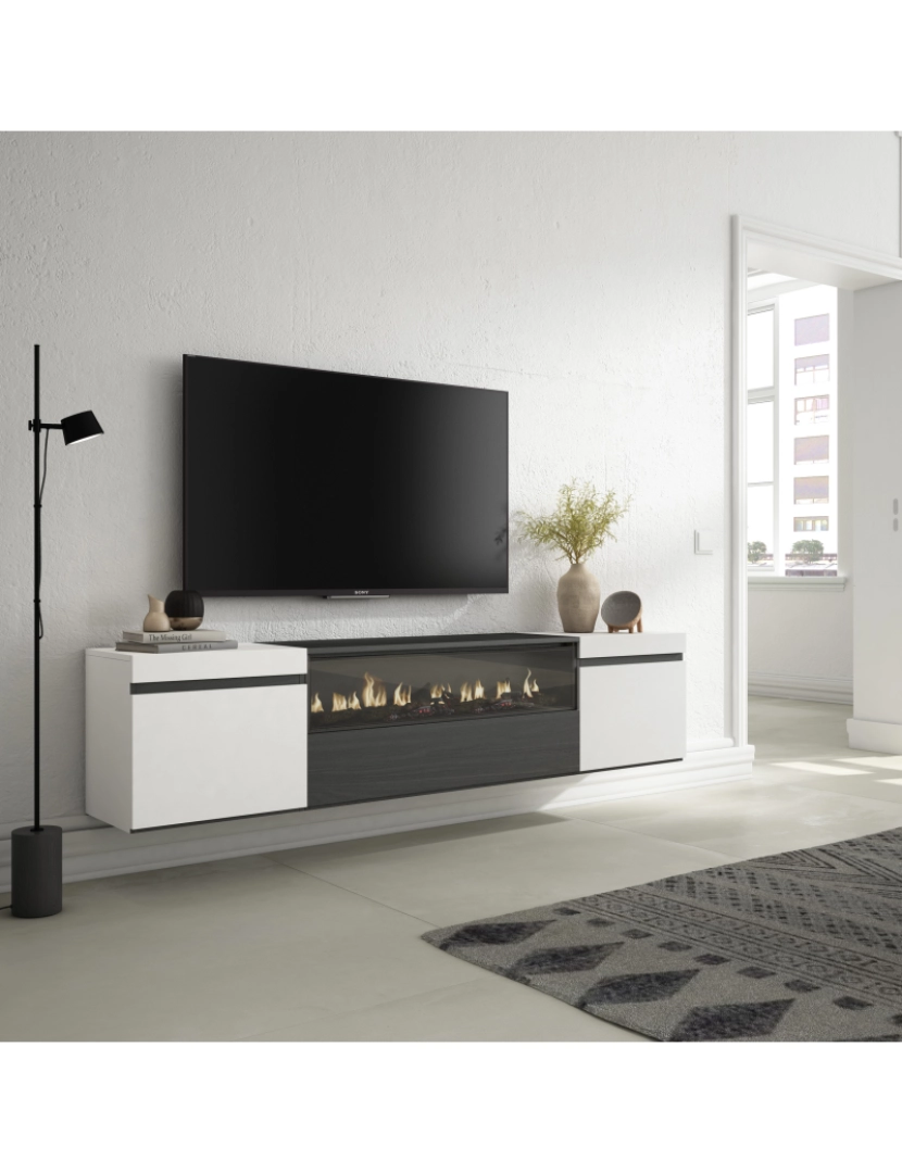 imagem de SKRAUT HOME - Móvel de TV - Muito espaço de arrumação - 200x45x35cm - Para televisores até 80" - Lareira eléctrica - Suspensos - Estilo moderno - Branco e preto2