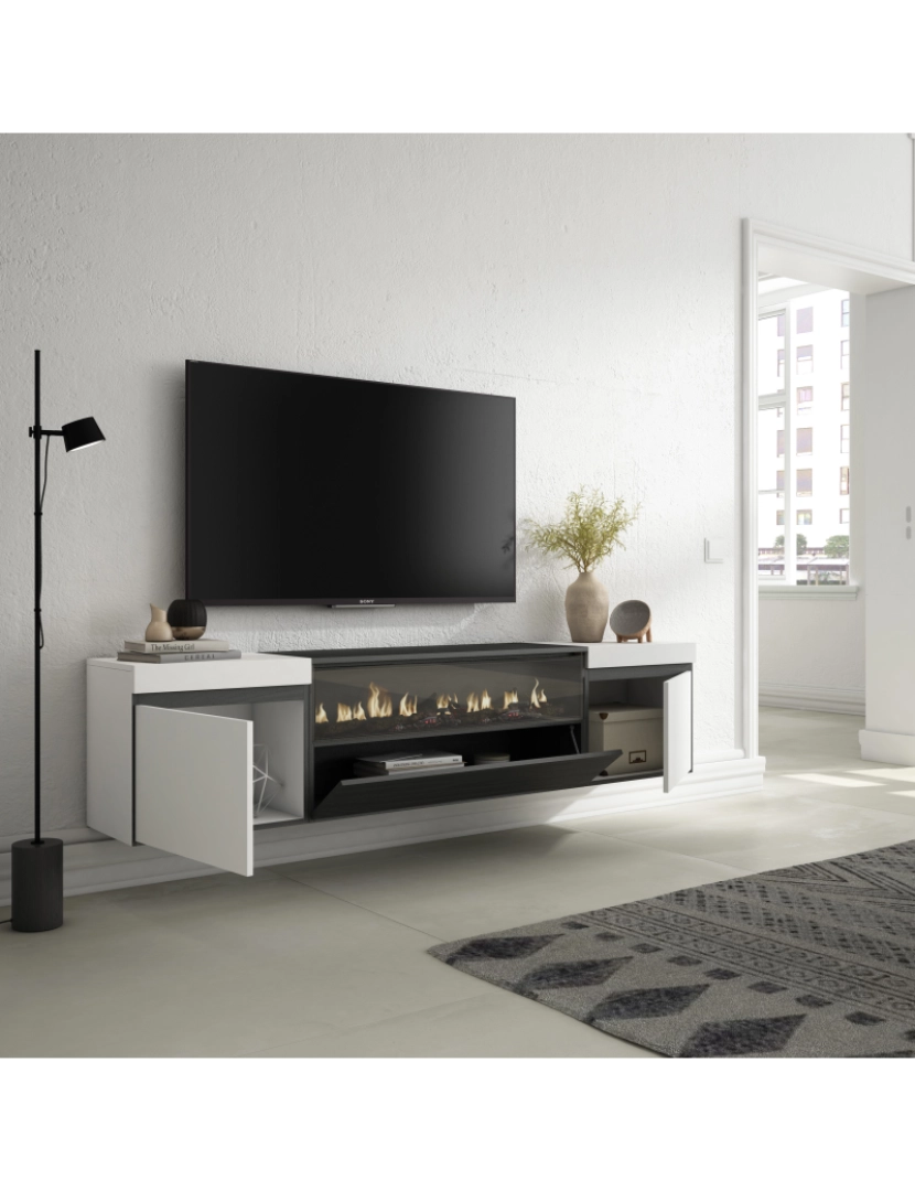 imagem de SKRAUT HOME - Móvel de TV - Muito espaço de arrumação - 200x45x35cm - Para televisores até 80" - Lareira eléctrica - Suspensos - Estilo moderno - Branco e preto3