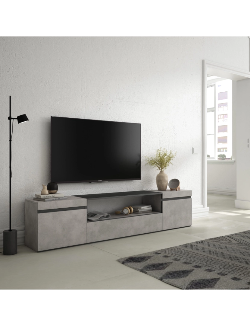 imagem de SKRAUT HOME - Móvel de TV - Muito espaço de arrumação - 200x45x35cm - Para televisores até 80" - Estante para TV - Estilo moderno - Cimento2