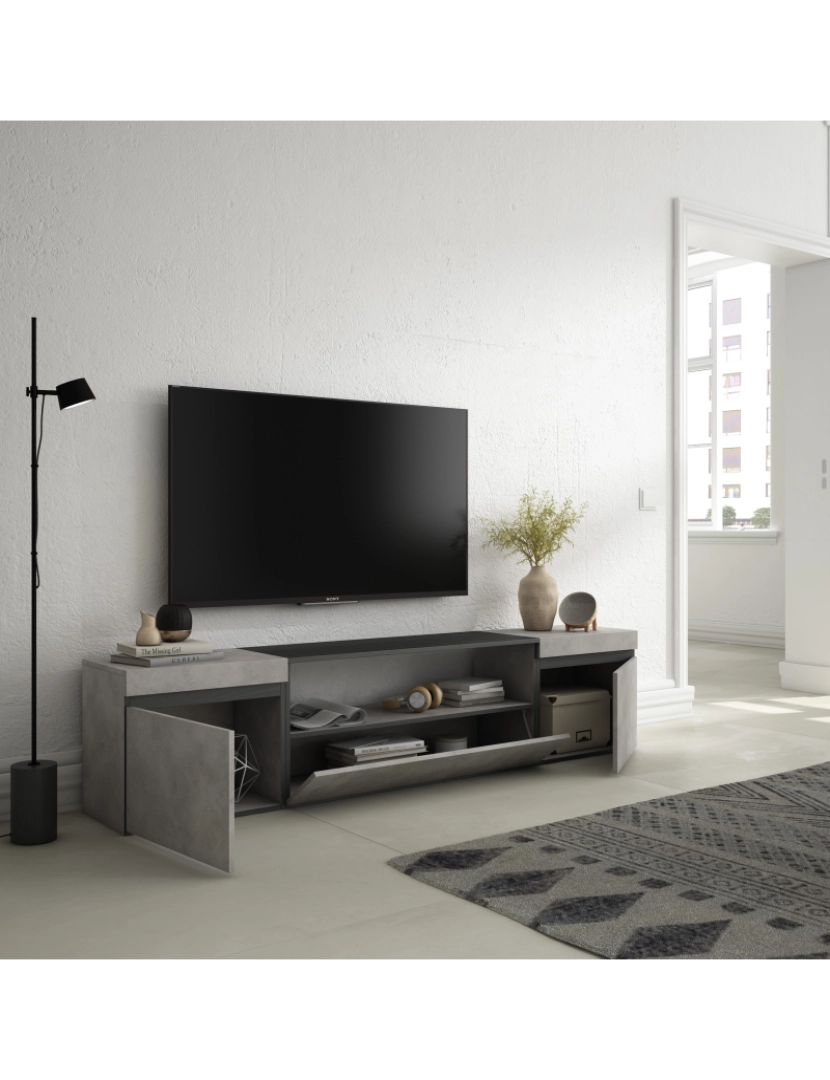 imagem de SKRAUT HOME - Móvel de TV - Muito espaço de arrumação - 200x45x35cm - Para televisores até 80" - Estante para TV - Estilo moderno - Cimento3