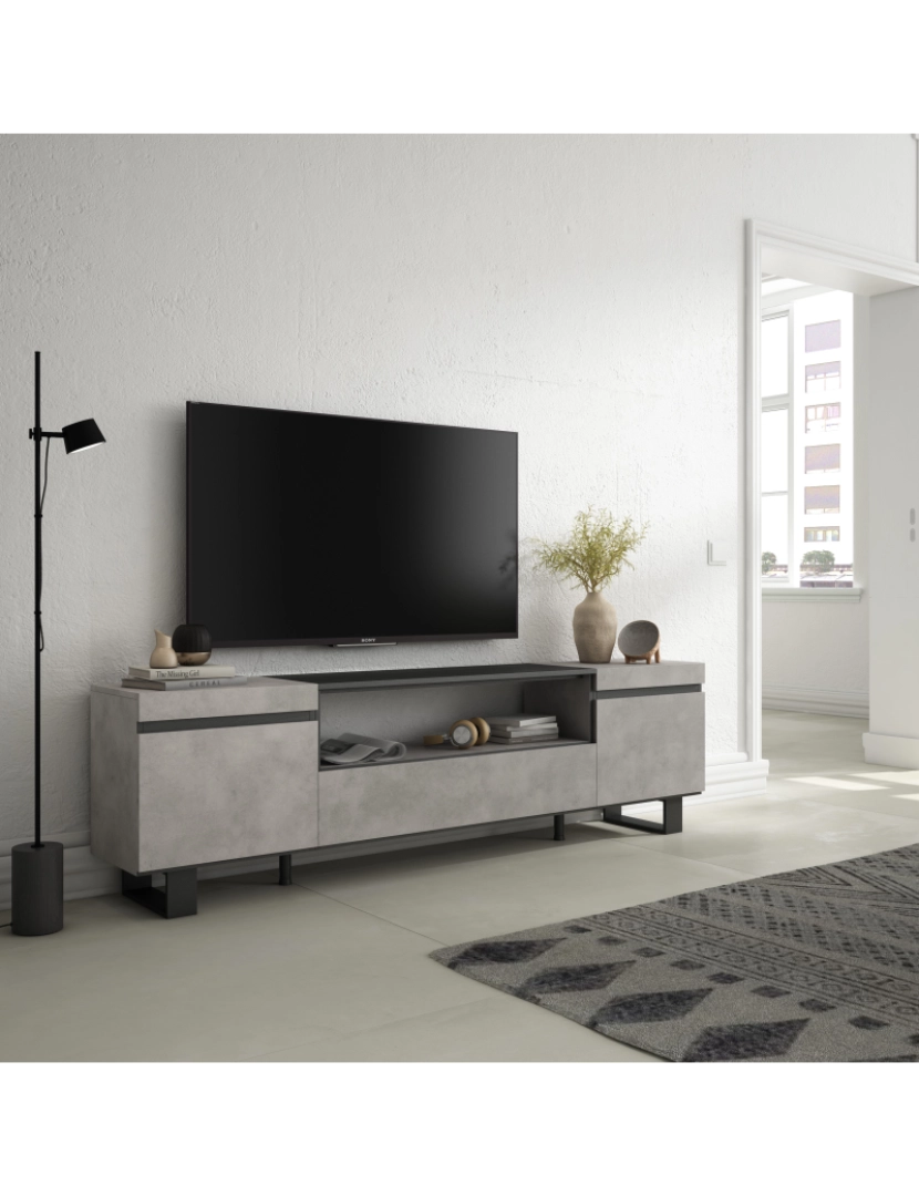 imagem de SKRAUT HOME - Móvel de TV - Muito espaço de arrumação - 200x57x35cm - Para televisores até 80" - Design industrial - Estilo moderno - Cimento2