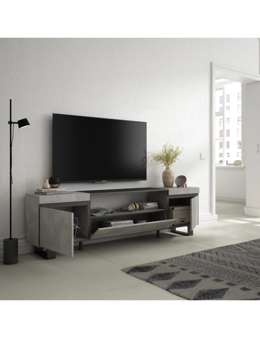 imagem de SKRAUT HOME - Móvel de TV - Muito espaço de arrumação - 200x57x35cm - Para televisores até 80" - Design industrial - Estilo moderno - Cimento3