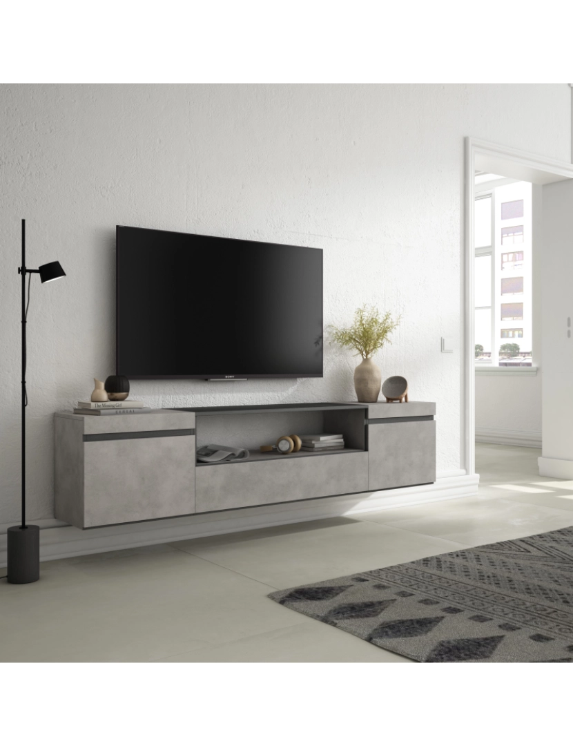 imagem de SKRAUT HOME - Móvel de TV - Muito espaço de arrumação - 200x45x35cm - Para televisores até 80" - Suspensos - Estilo moderno - Cimento2